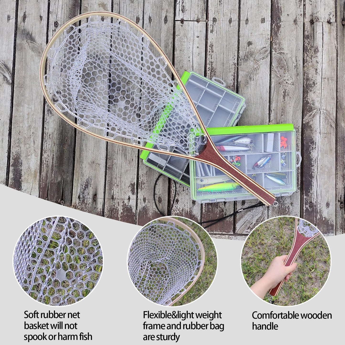 Aventik Fly Fishing Landing Net for Trout Soft Rubber Ghost Mesh Catch and Release Wooden Frame Lightweight and Tangle-Free(HWRN08)