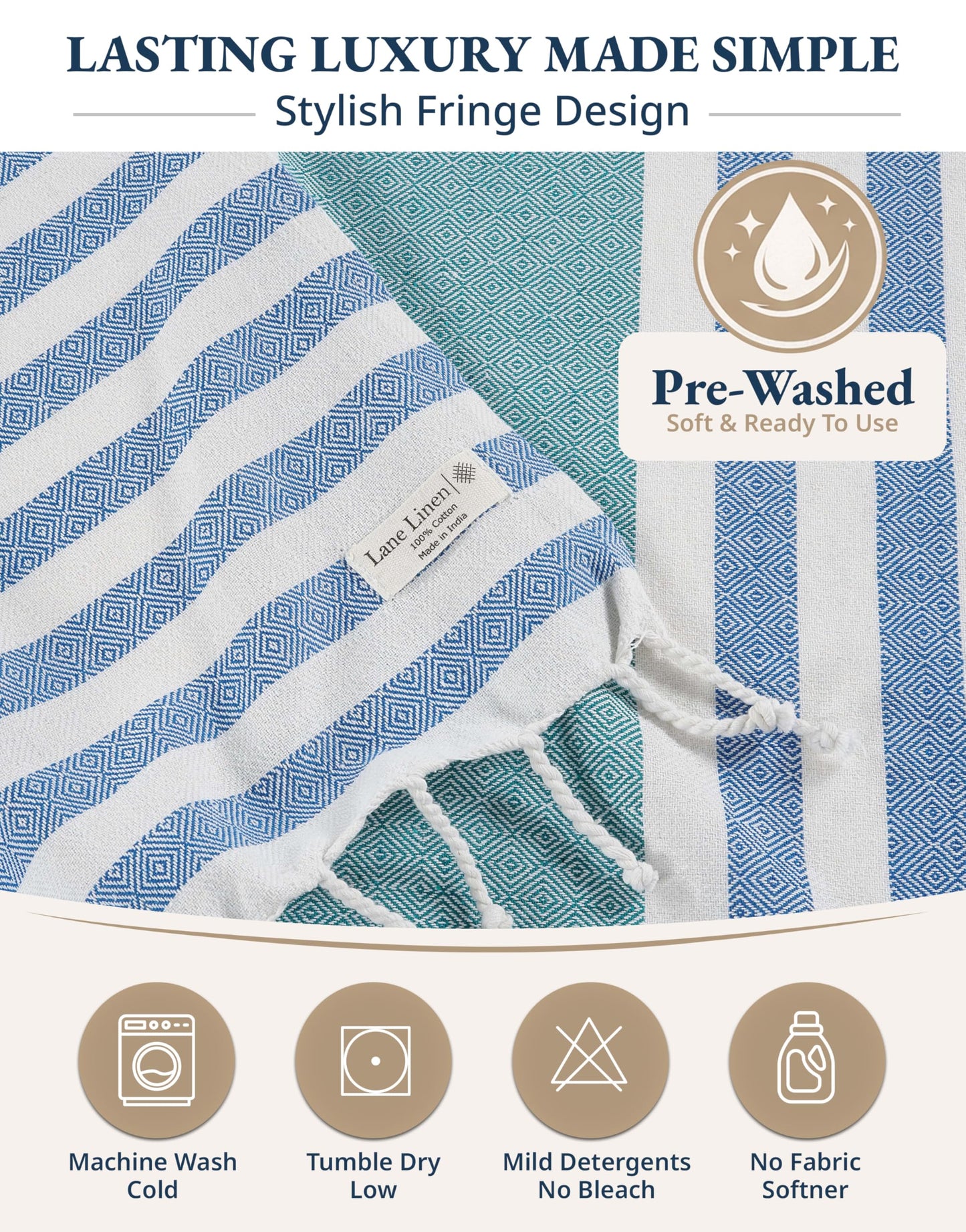 Lane Linen Beach Towels 12 Pack - Oversized & Pre-Washed Large Beach Towel Set - Stylish Pool Towels For Adults, Quick Dry, Soft & Lightweight Lightweight Travel Towel Pack, 39"x71" - Seaside Symphony