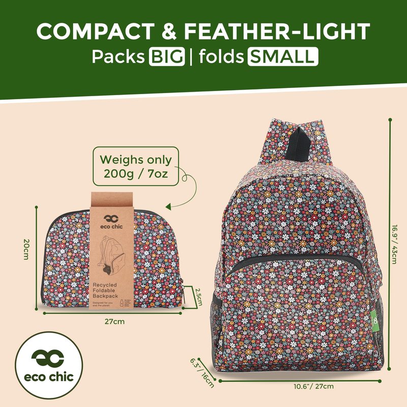 ECO CHIC Hiking Lightweight Packable Backpack - Foldable Daypack for Travel & Hiking & Outdoor Adventures - Waterproof Backpack from Recycled Materials (Ditsy Black)