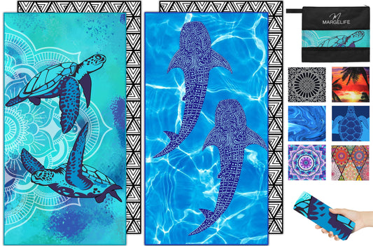 Microfiber Beach Towel – Quick Dry Lightweight Sand Free Oversized Large Towel Accessories Swim Pool Yoga Camping Summer Cruise Ship Essentials Compact Sandproof Gift (Shark Turtle Mandala,71" 32")