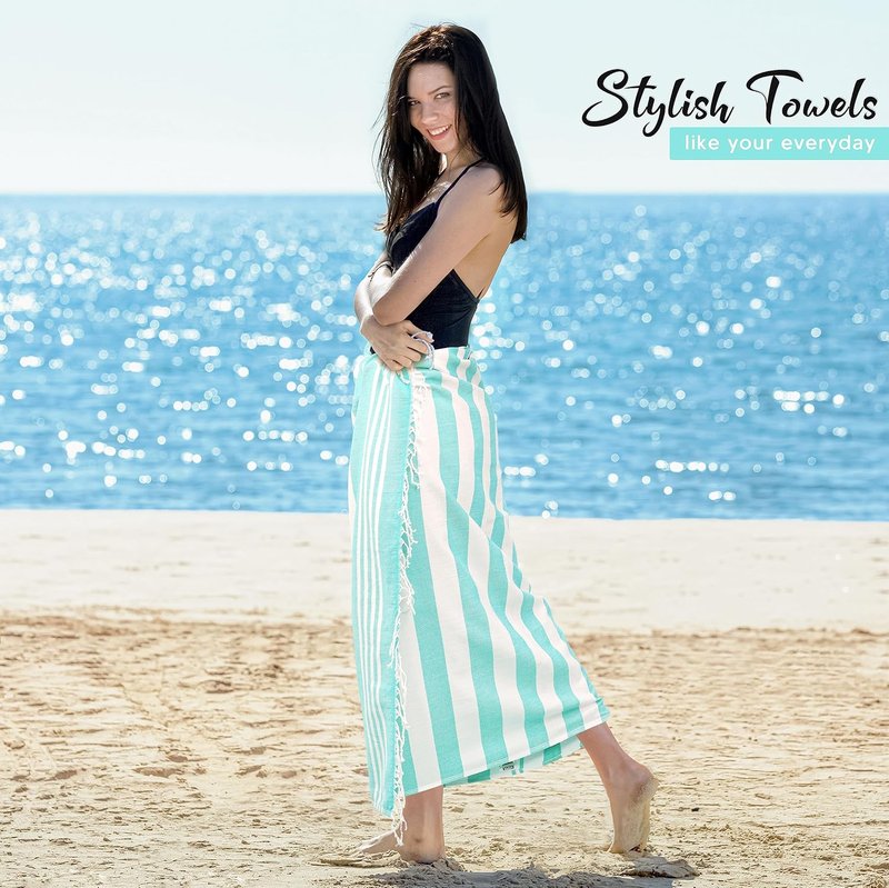 Turkish Beach Towels - Oversized 100% Cotton 4-Pack | Lightweight, Quick-Dry & Sand-Free (40 x 72 Inches - Aqua)