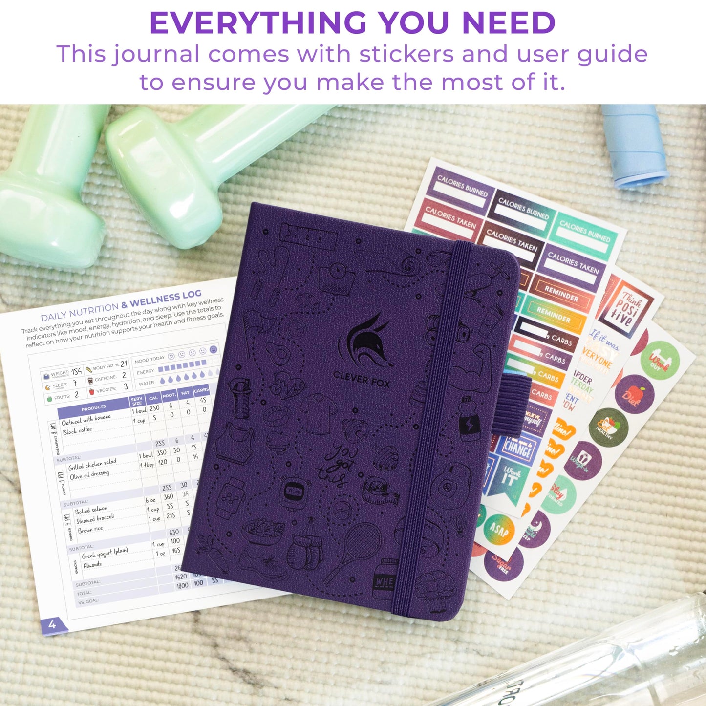 Clever Fox Fitness & Food Journal Pocket – Nutrition & Workout Planner for Women & Men – Diet & Gym Exercise Log Book with Calendars, Diet & Training Trackers – Lasts 3 Months, 4.3x5.5” (Purple)