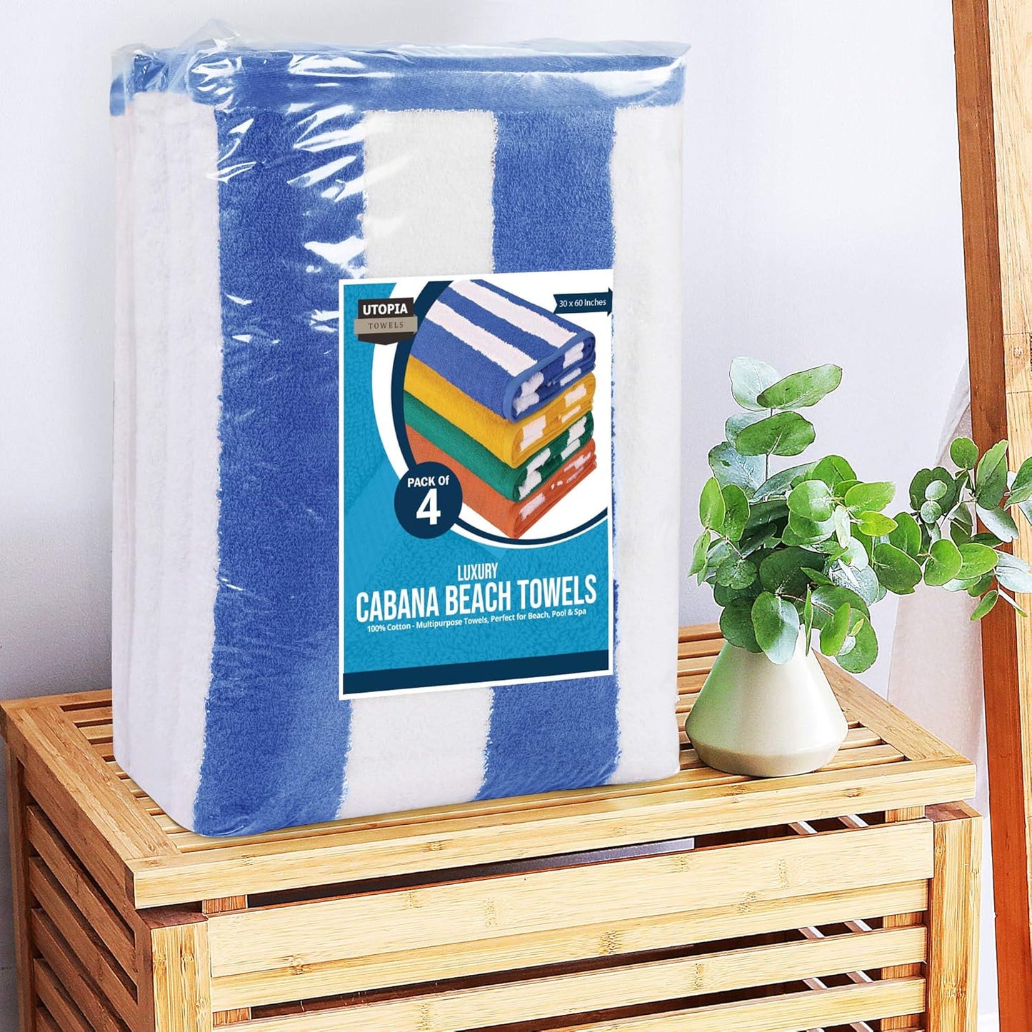 Oversized Cabana Beach Towels - Pack of 4 Cotton 30x60 Inches | Modern Striped Design in Blue