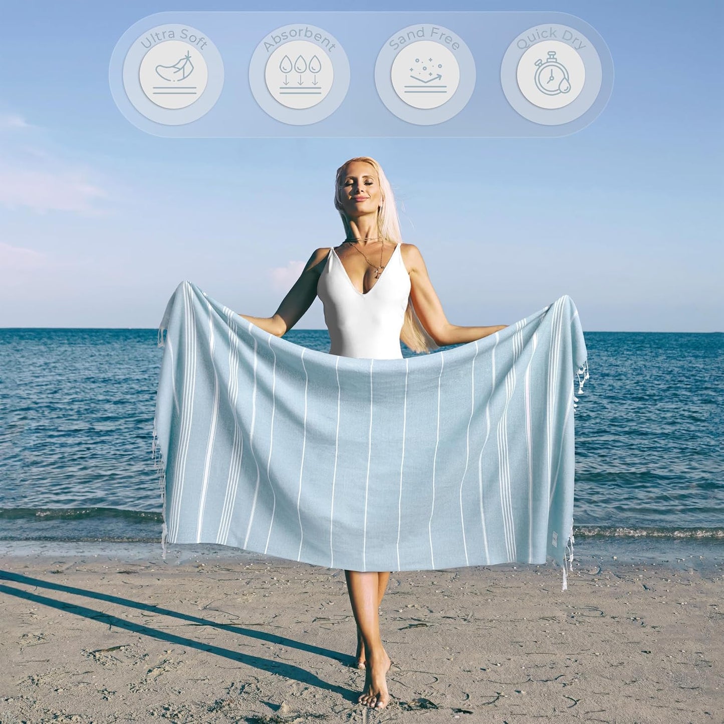 Turkish Beach Towel - Quick Dry Oversized (39" x 71") | Versatile Travel Blanket, Gym, Pool, Yoga - Baby Blue