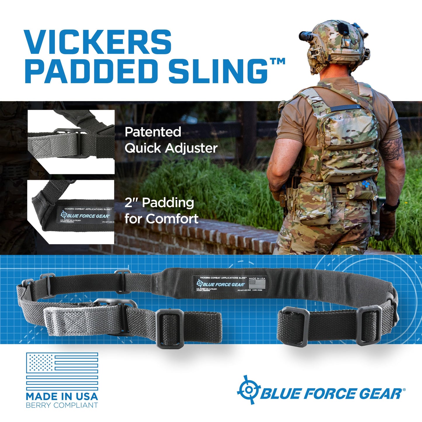 Blue Force Gear Vickers Padded Sling - 2-Point Tactical Rifle Sling - Nylon Hardware - Black