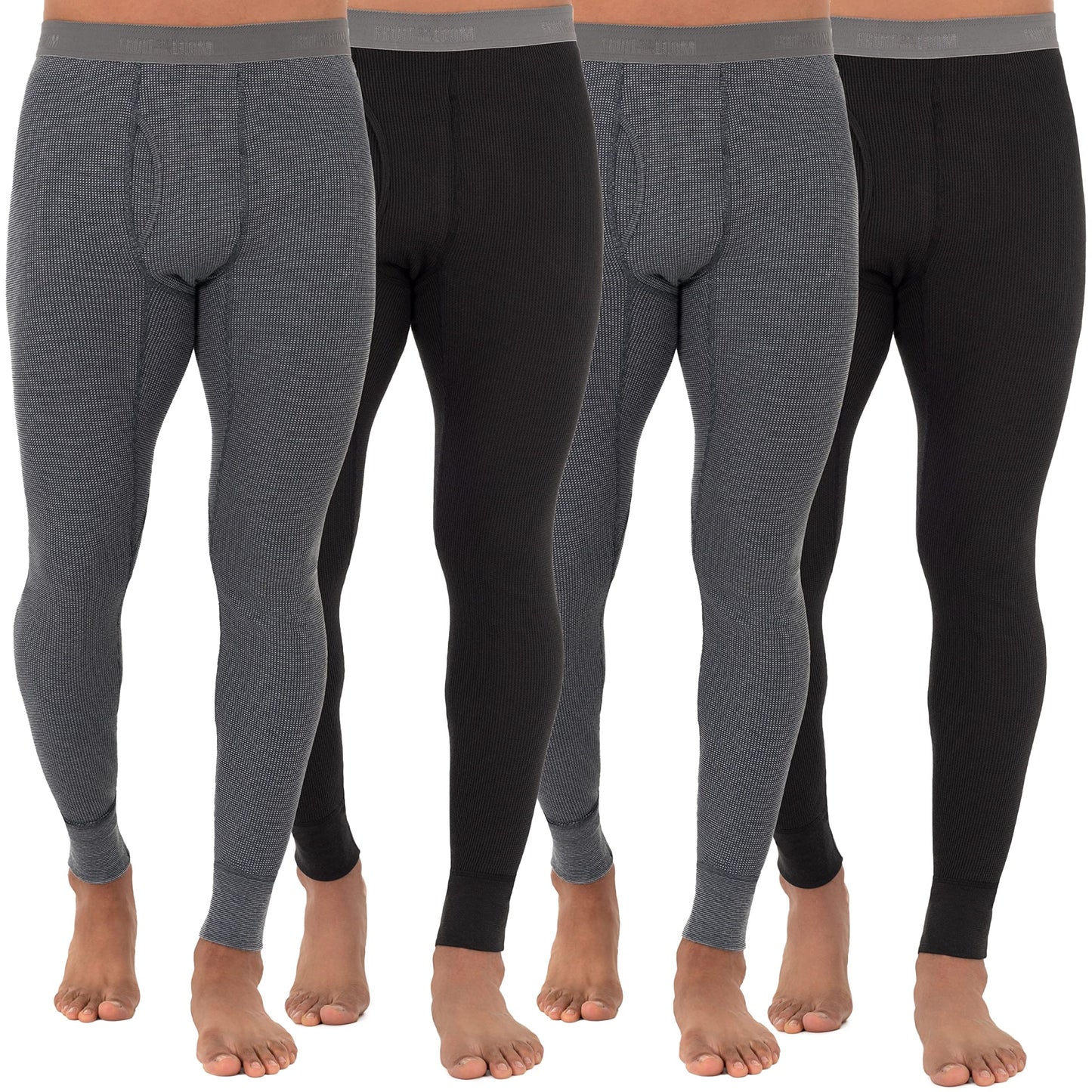 Fruit of The Loom Men's Recycled Premium Waffle Thermal Underwear Long Johns Bottom (1, 2, 3, and 4 Packs), Black/Greystone Heather 4 Pack, 2X