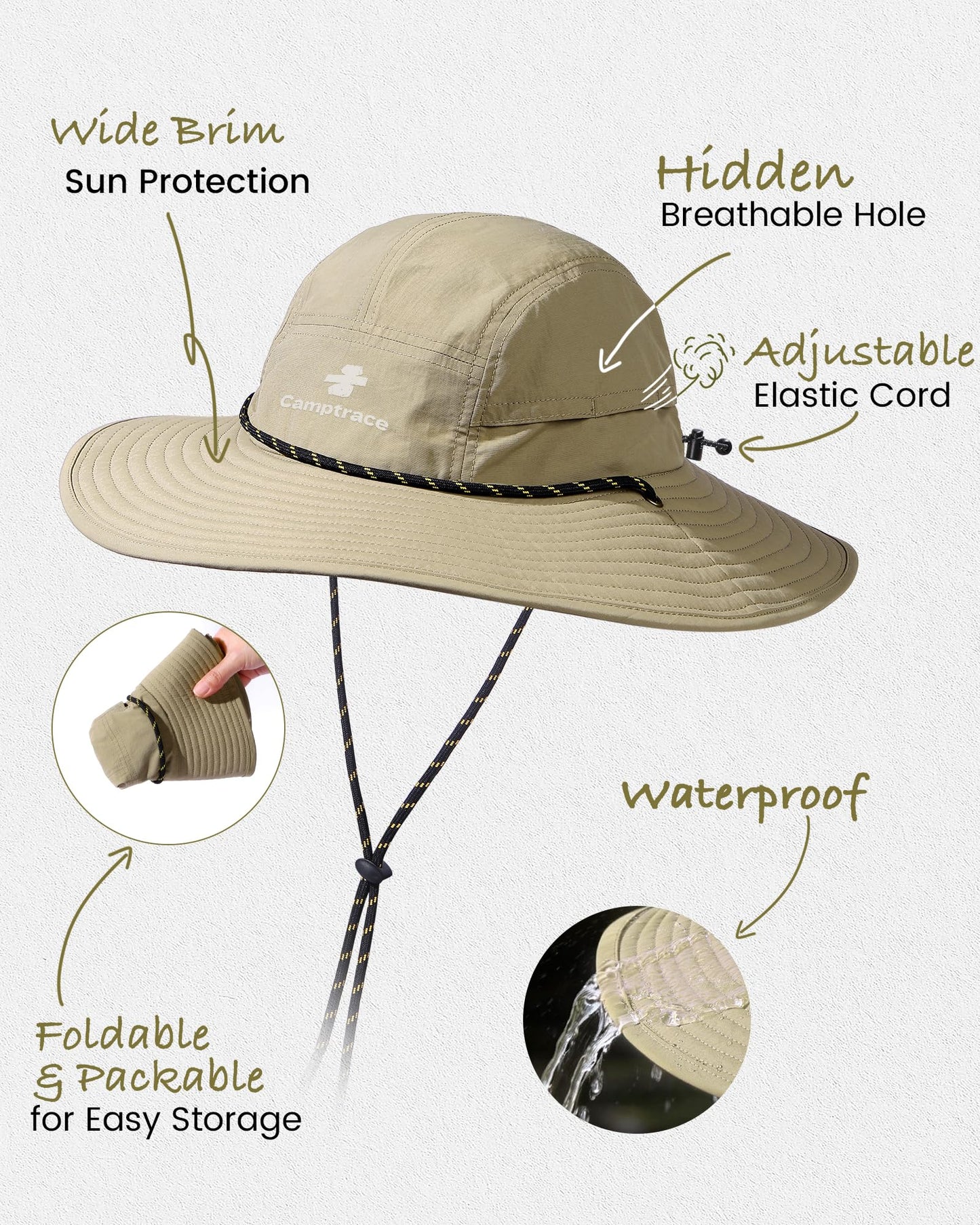 Camptrace Sun Hats for Women Men UPF 80+ Wide Brim Bucket Hat Foldable, Adjustable for Hiking, Gardening, Travel Khaki