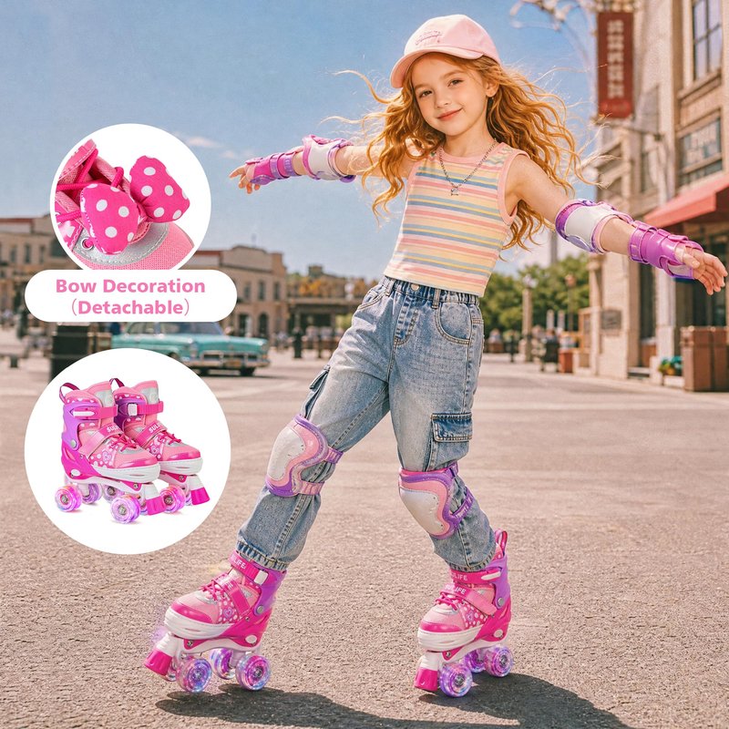 SULIFEEL Roller Skates for Girls Ages 3-12, 4 Sizes Adjustable Kids Quad Skates with Light up Wheels-Birthday Gift for Indoor Outdoor Sports