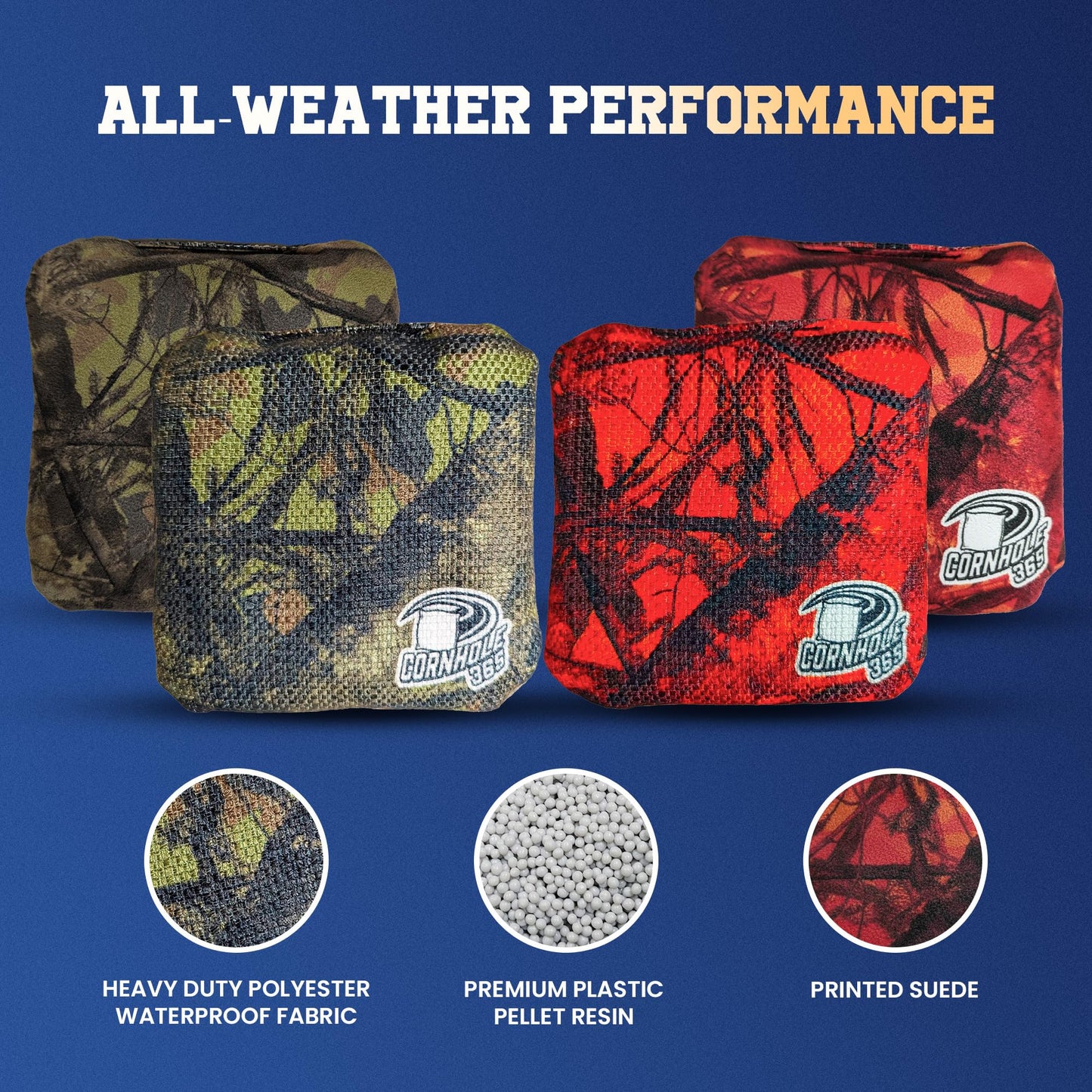 Cornhole365 Themed Cornhole Bags - 6"x6" All Weather Dual-Sided Slick & Stick - Plastic Resin Cornhole Bean Bag Filler & Suede - Dual Stitched for Sports Competition - Hunting Camo - Set of 8