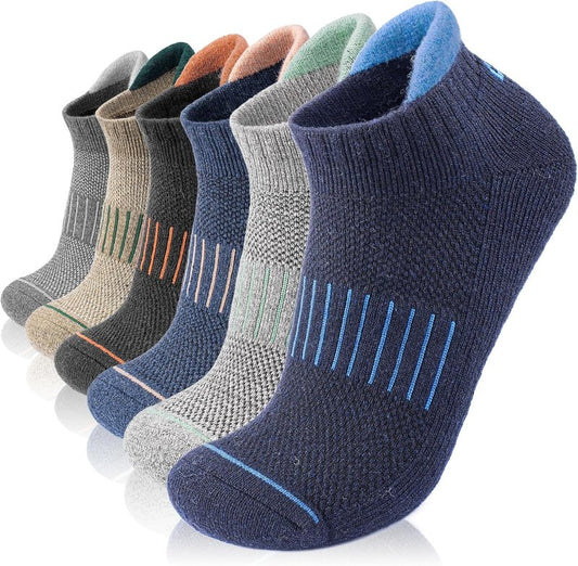 Merino Wool Ankle Hiking Running Socks - Breathable Compression Athletic No Show | 6 Pairs for Men & Women