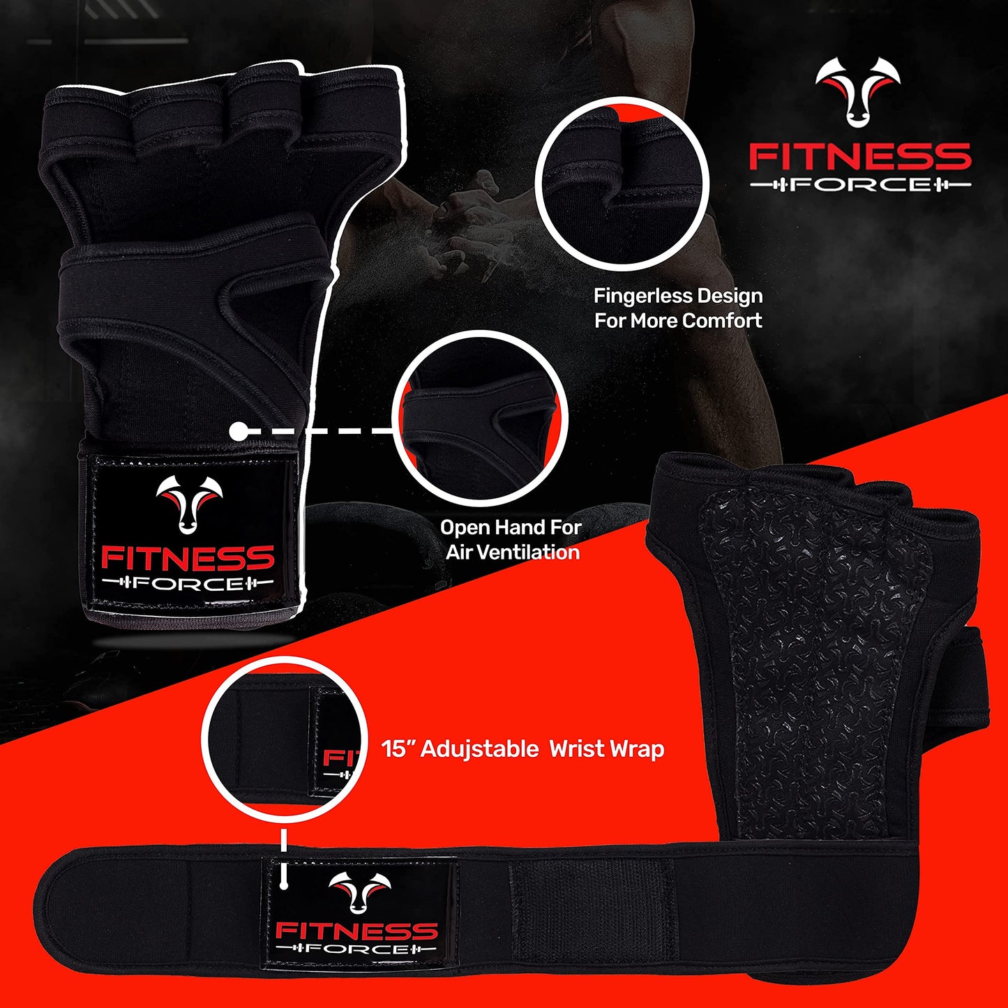 FITNESS FORCE Ventilated Gym Gloves for Men with Built-in Wrist Support for Workouts Weightlifting Gloves Workout Gloves for Women Exercise Fitness Gloves Perfect for Powerlifting, Cross Training