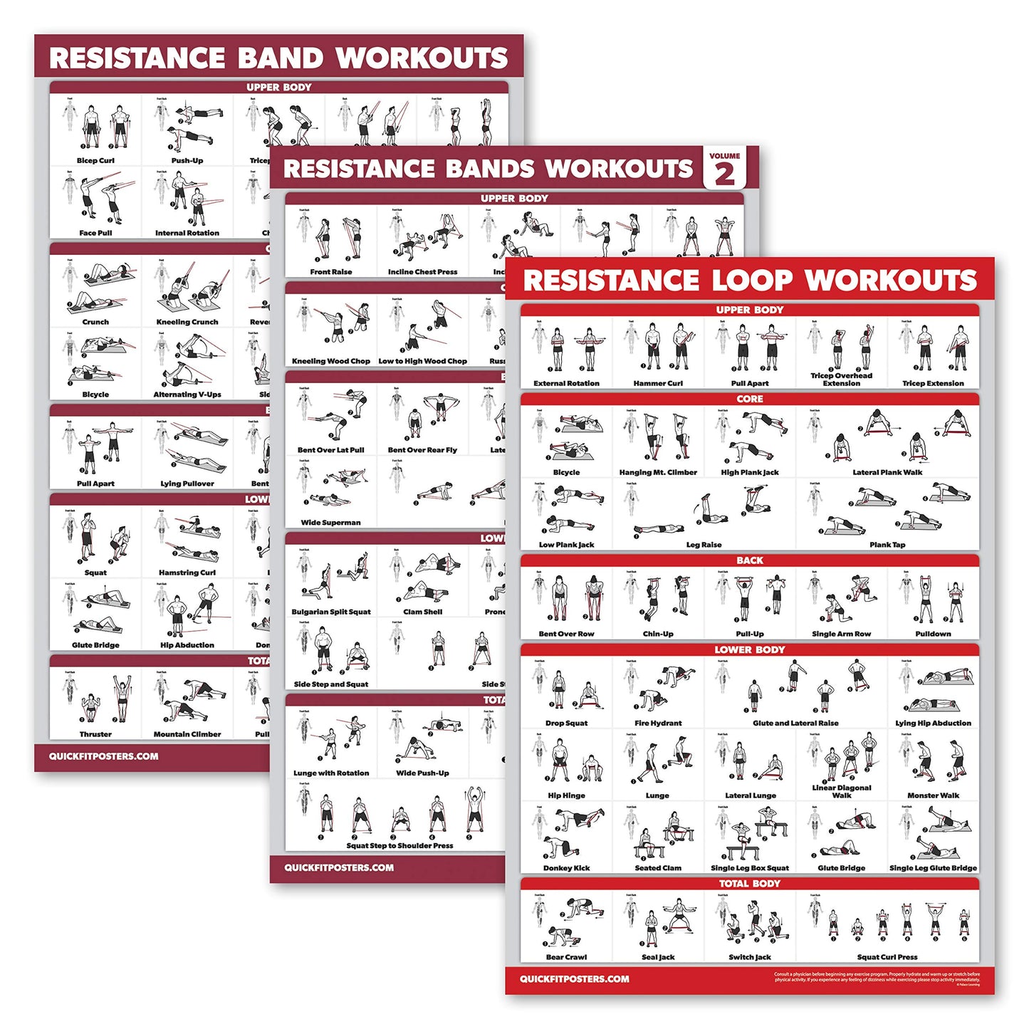3 Pack: Resistance Bands Workouts Volume 1 & 2 + Resistance Loops Exercises Poster Set - Set of 3 Workout Charts (Laminated, 18" x 24")