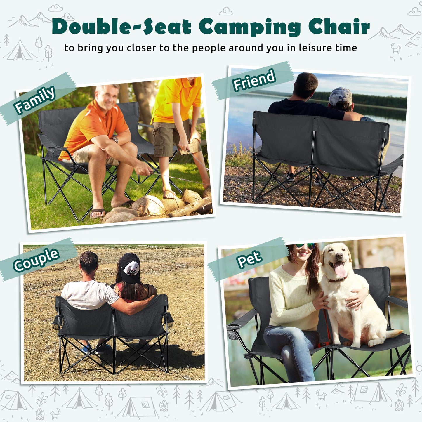 HaSteeL Foldable Camping Chair, Double Seat Folding Camp Chair for 2 Persons, Portable & Large for Outdoor Fishing, Hiking, Travel, Picnic, Beach, Lawn, Patio, Include Storage Bag (Grey)