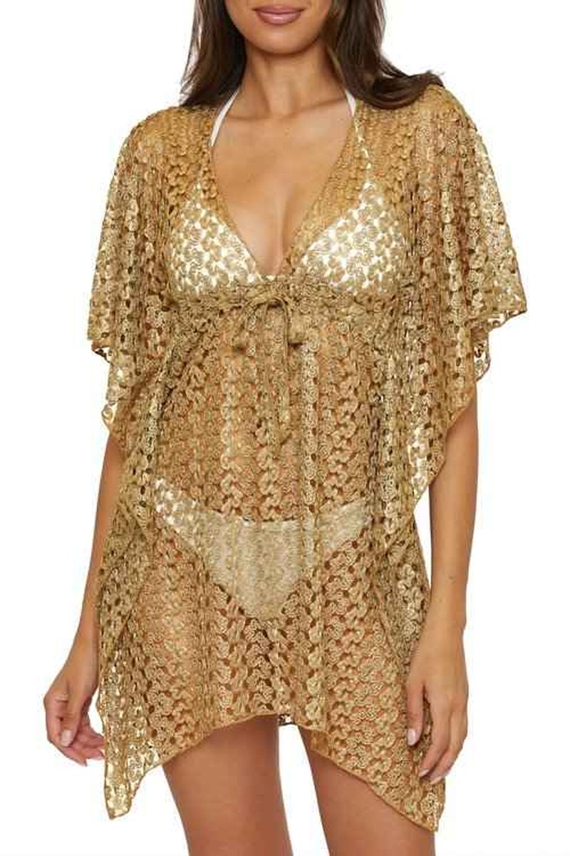 BECCA Women's Standard Lustre Crochet Tunic, Plunge V-Neck, Casual, Beach Cover Ups, Antique Gold, X-Small-Small
