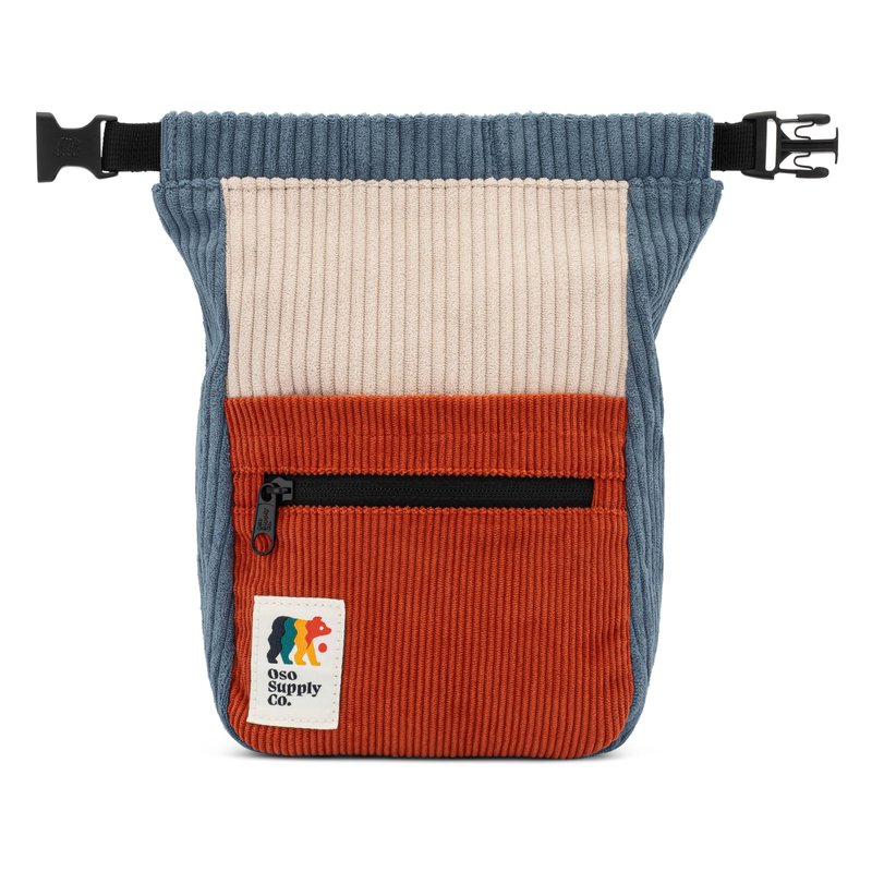 Oso Supply Co - Retro Corduroy Bouldering Bucket, Large Size Freestanding Chalk Bag for Rock Climbing, Magnetic Roll Down Closure, Dual Brush Loops, Zippered Pockets and Pouch (Blue, Clay and Cream)