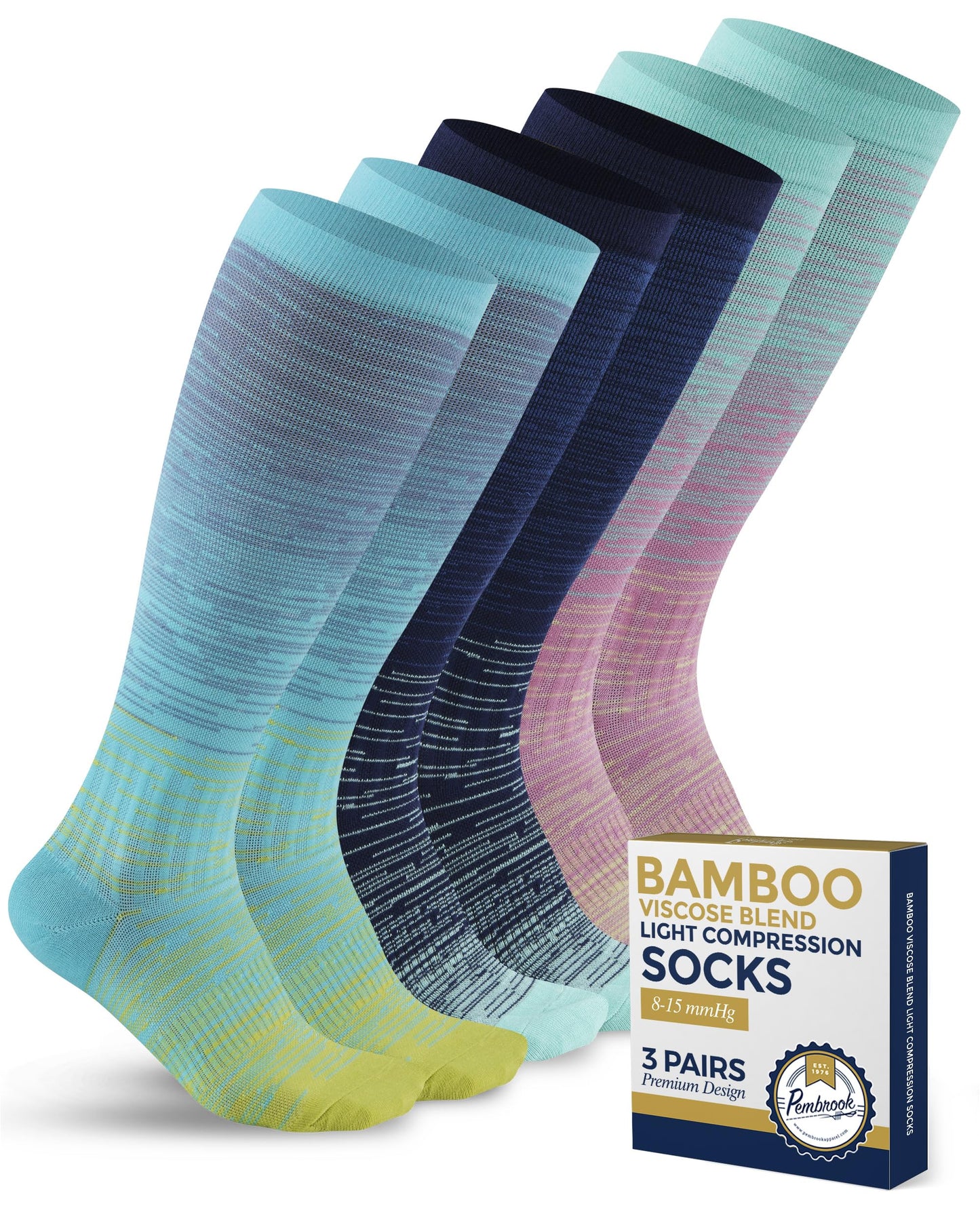 Pembrook Bamboo Viscose Light Compression Socks - 3 Pairs | 8-15 mmHg Compression Socks Women and Men | Support Socks for Soreness, Varicose Veins, Edema | Line Patterns