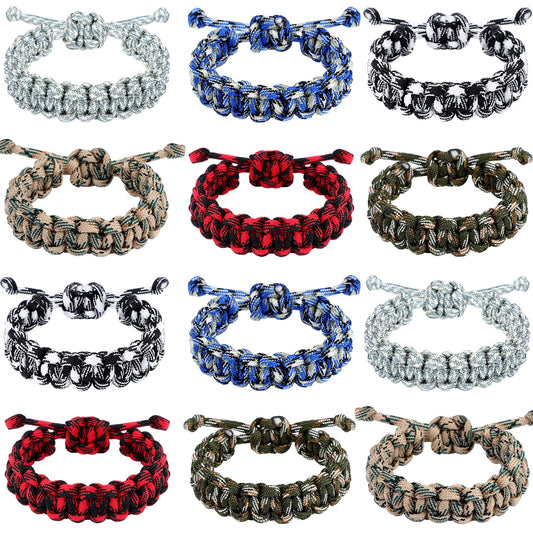 12 Pieces Adjustable Paracord Bracelets for Men Boys Camo Parachute Cord Bracelet Survival Emergency Tactical Bracelets for Teens Camping Climbing Theme Party Outdoor Favor (Vivid Color)