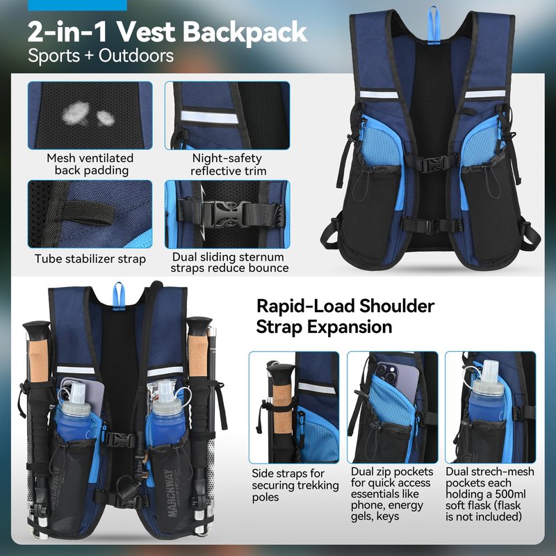 MARCHWAY Lightweight Hydration Backpack with Vest Style Straps & 2.5L TPU Water Bladder, Versatile Sleek Multi-Pocket Pack for Hiking, Cycling, Running, Backpacking, Travel (Blue)