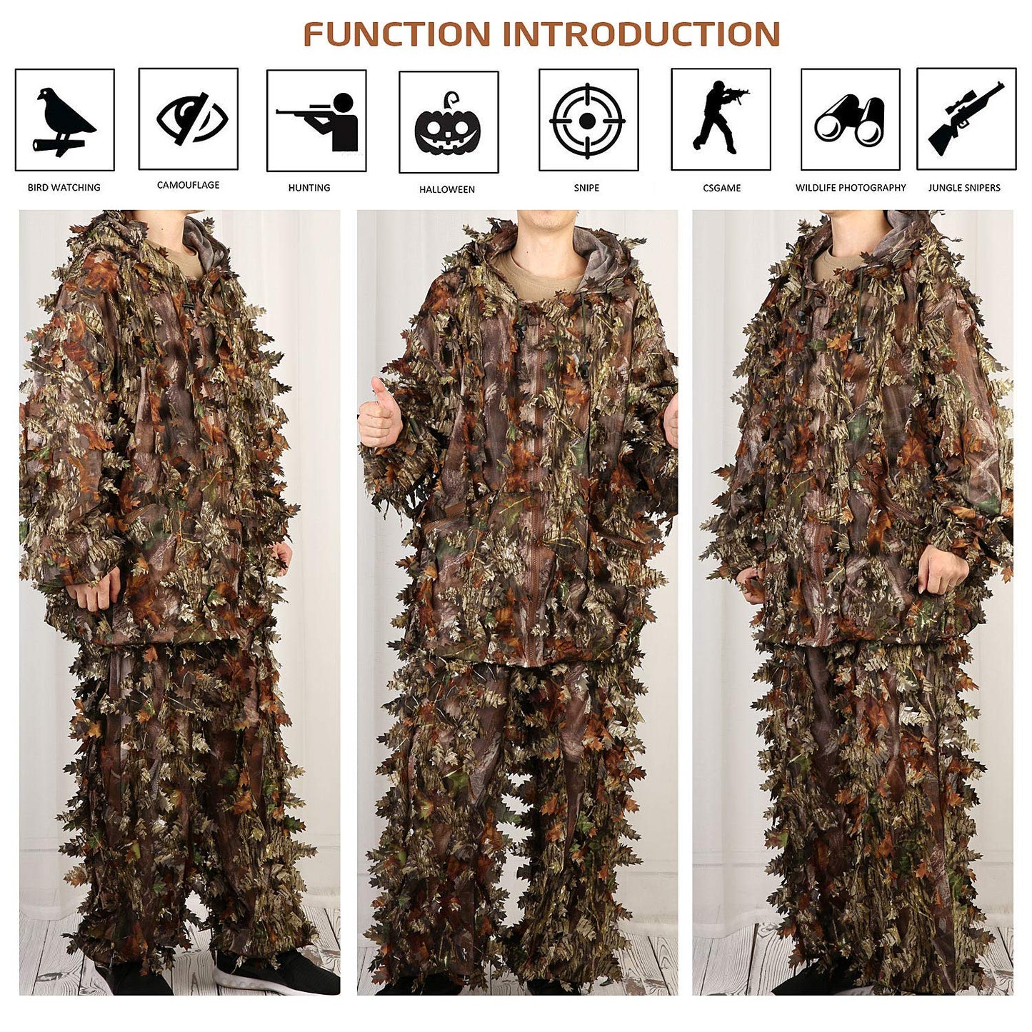 EAmber Ghillie Suit Gilly 3D Leafy Camo Cloth Youth Hunting Airsoft