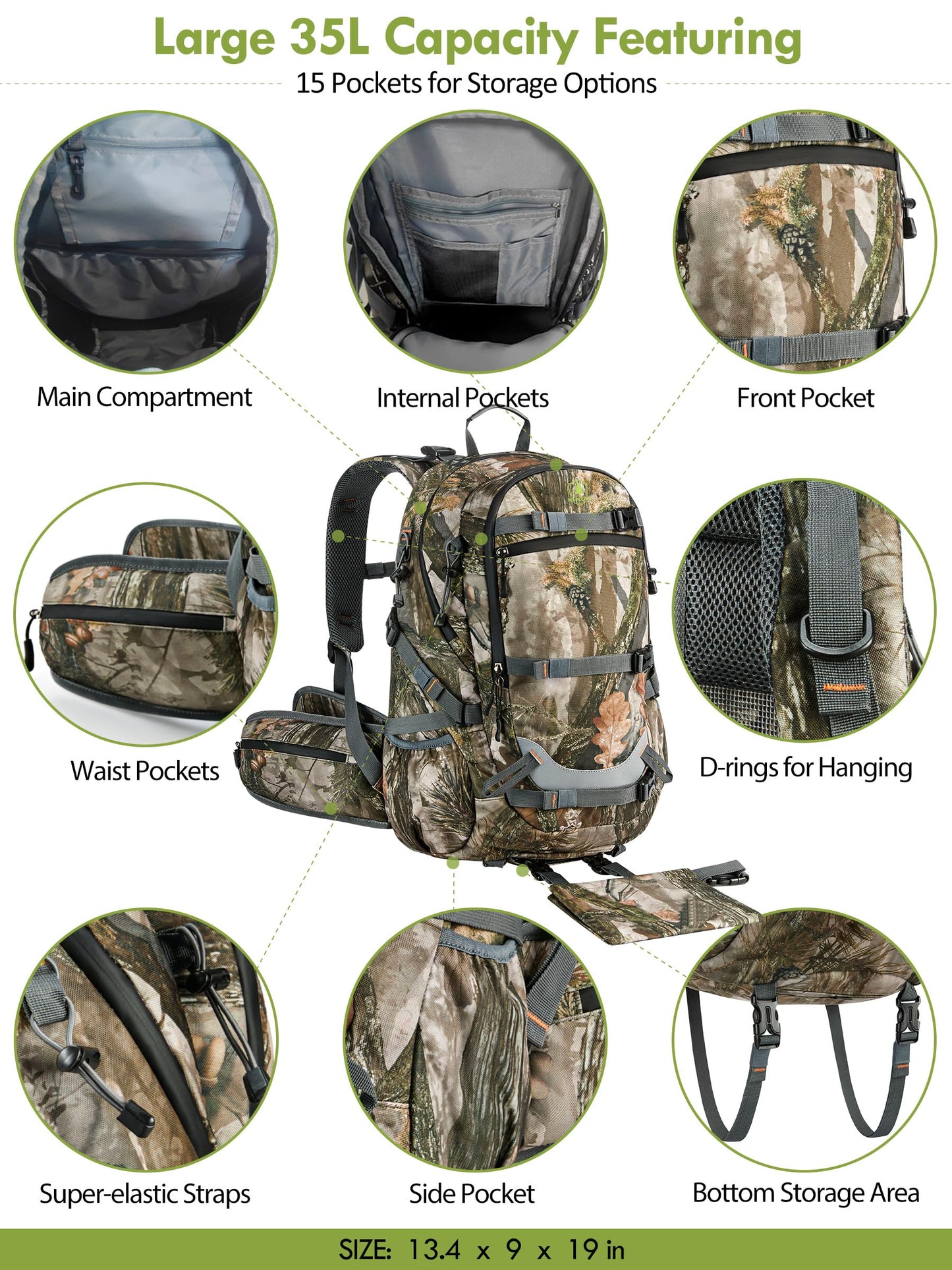 Camo Hunting Backpack for Men, 35L Durable Hunting Pack, 600D Daypack with Rain Cover, Interal Frame Support