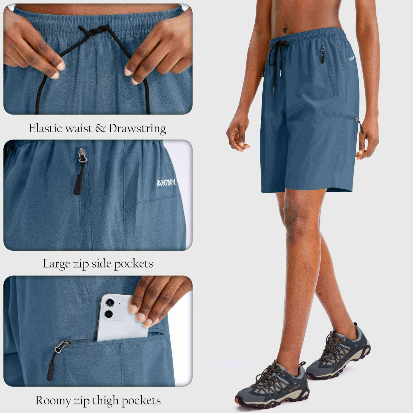 SANTINY Women's 5''/ 7''/9'' Hiking Cargo Shorts(Dusty Blue_3XL)