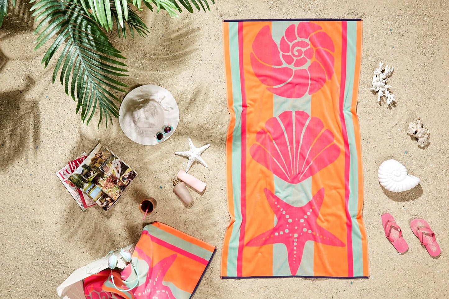 Ozdilek Luxury Turkish Cotton Beach Towel | Oversized Quick-Dry Velour, Sunset Seashell Design, Eco-Friendly 34x64