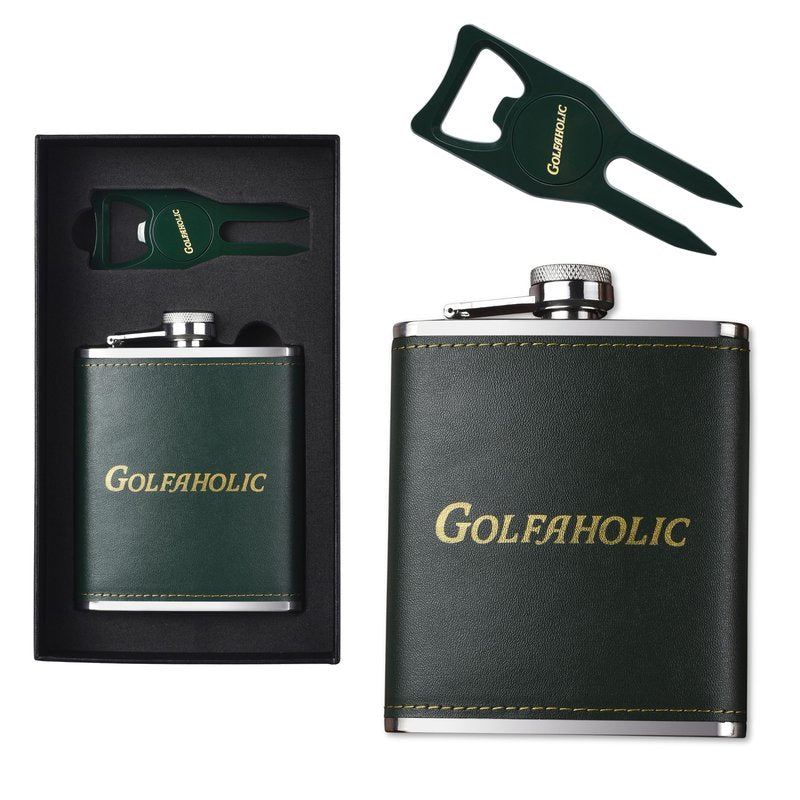 Shanker Golf - Hip Flask & Divot Tool Golf Gift Set - Golfaholic Hip Flask & 4-in-1 Divot Tool Set - Funny Golf Gifts for Men - Ball Marker, Groove Cleaner & Bottle Opener