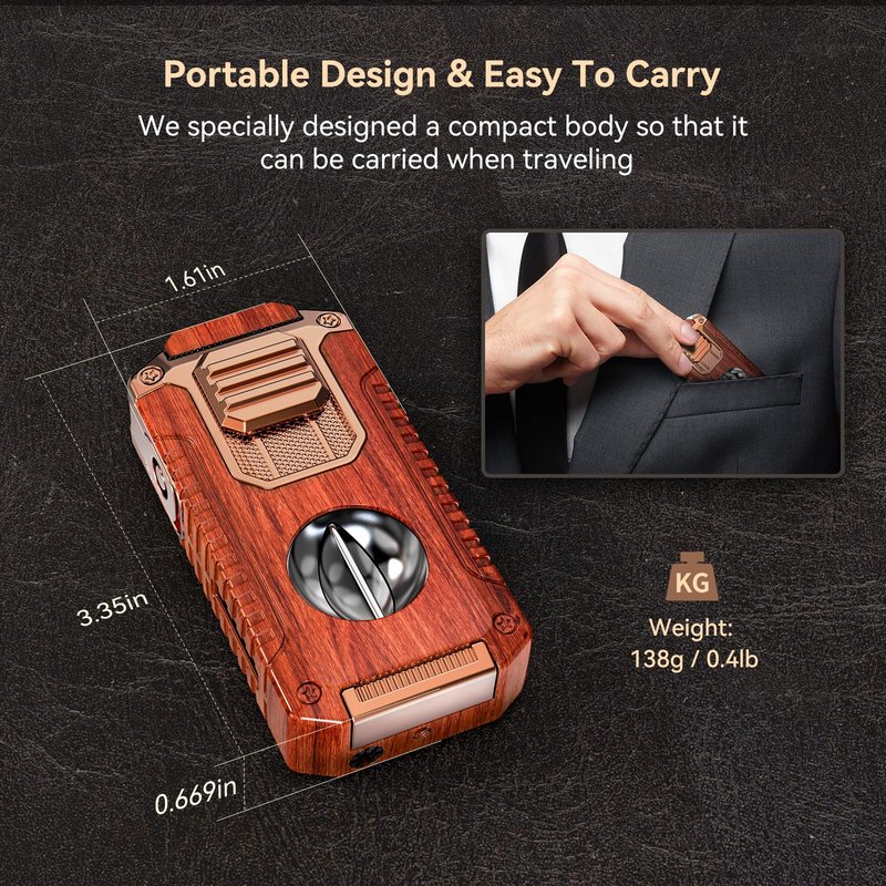 All-in-One Torch Lighter with Built-in V Cutter, Holder, Punch, and Draw Enhancer Tool, Adjustable Triple Jet Flame Lighter with Accessories, Refillable Lighter Gift for Men (Butane not Included)