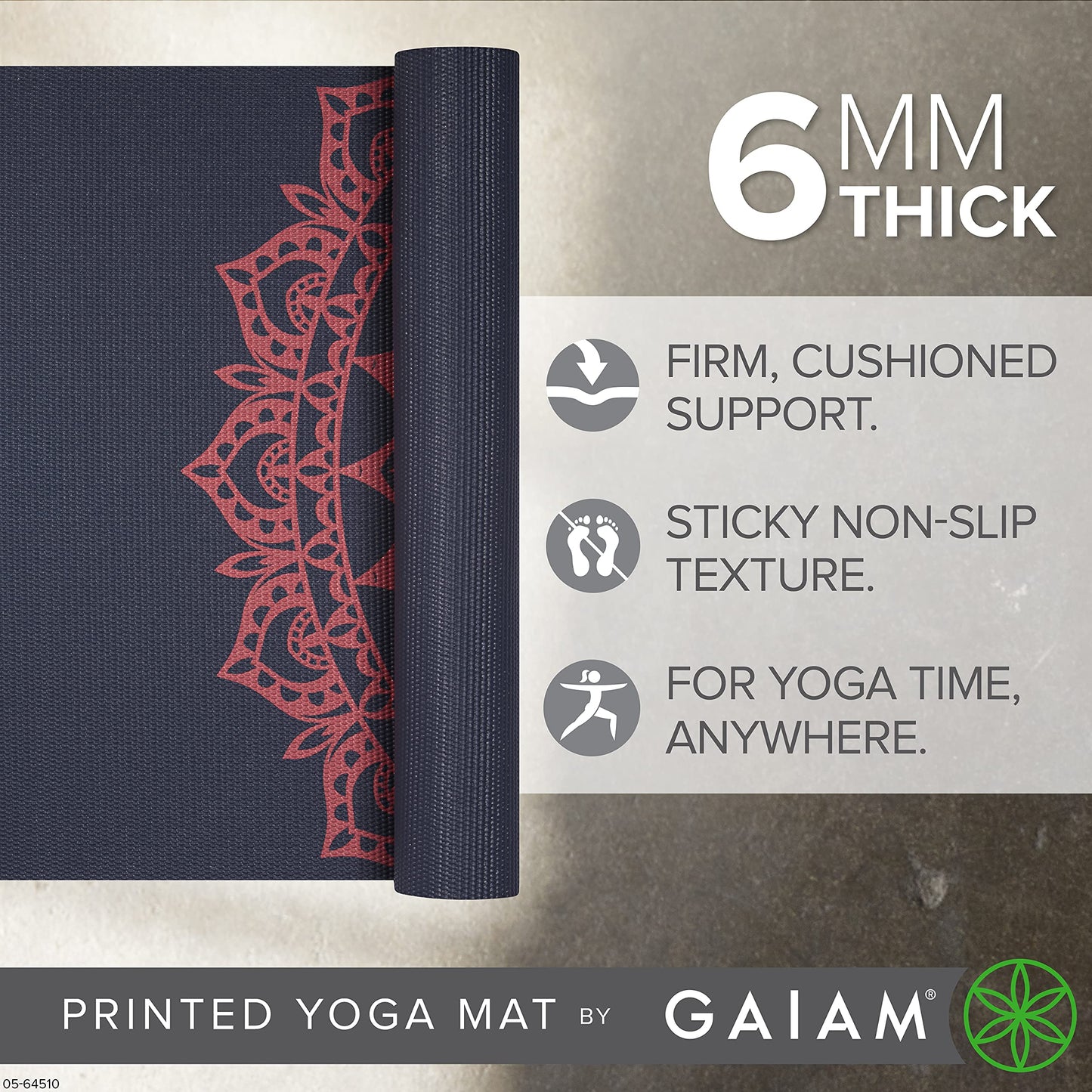 Gaiam Premium Yoga Mat, 6mm Thick Print Mat (Pink Marrakesh)
