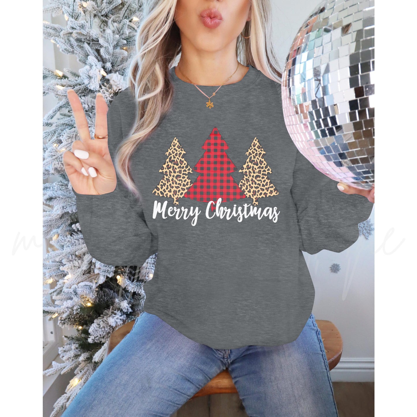 LUKYCILD Christmas Trees Sweatshirt Women Plaid Leopard Graphic Long Sleeve Pulllover Tops