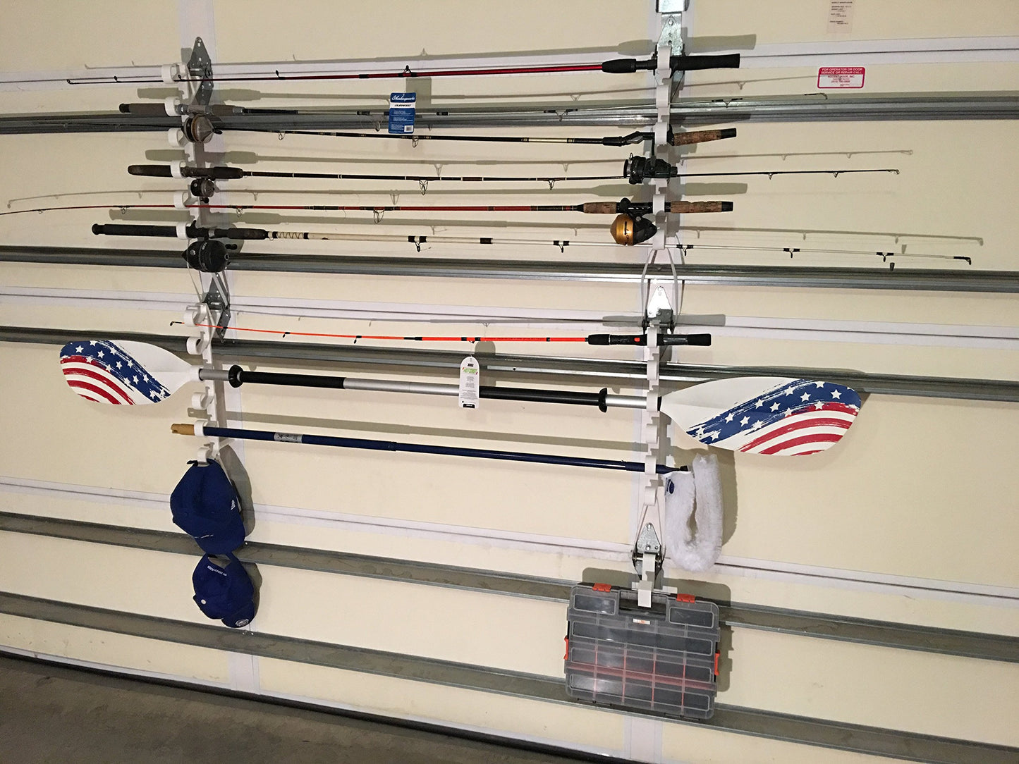Fourth Wall Solutions Storage Rack for Garage Doors with Hooks for Fishing Rods, Kayak Paddles and More