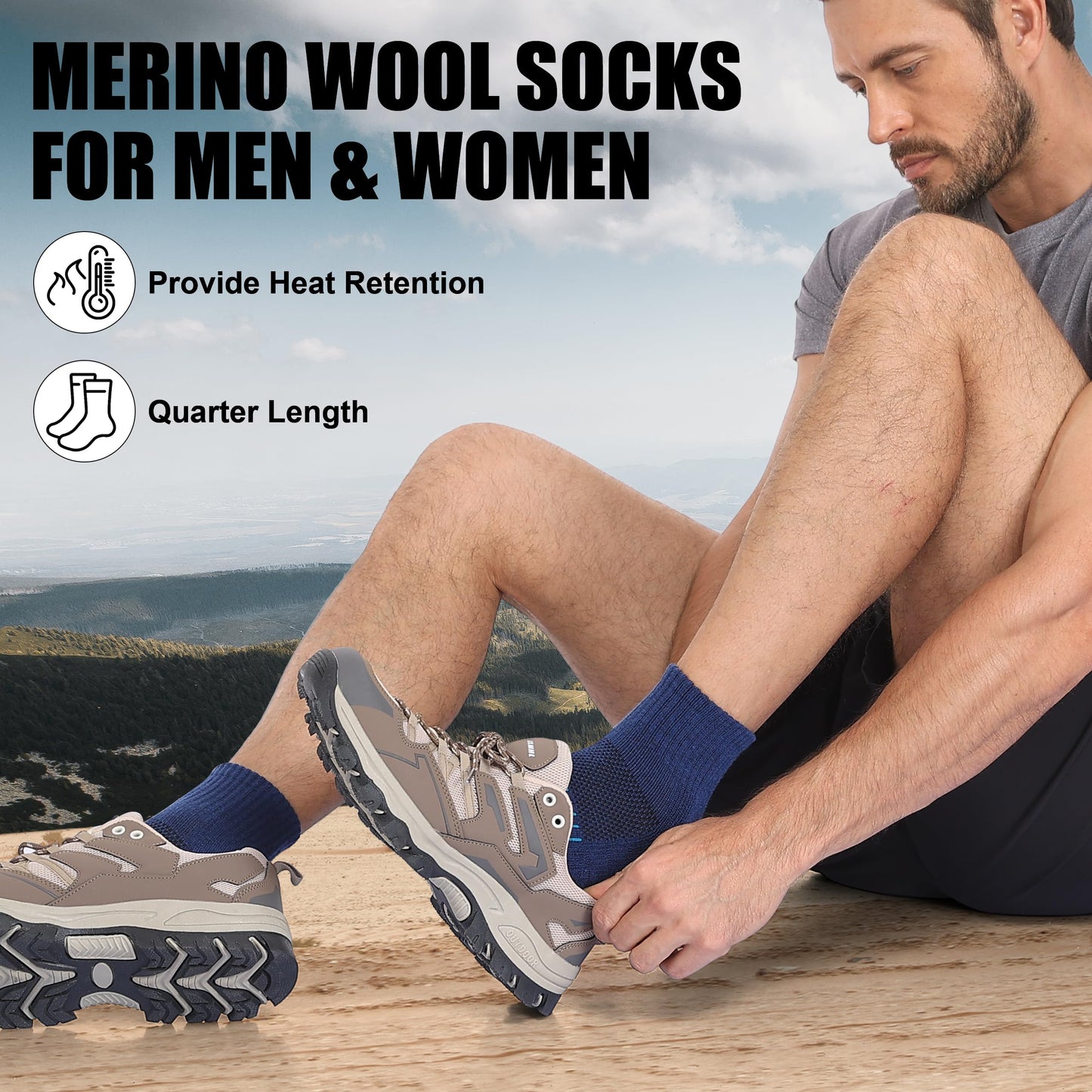 Lapulas Merino Wool Quarter Socks for Men Women, Hiking Running, Cushioned Compression Support, Thermal Thick, 5 Pairs