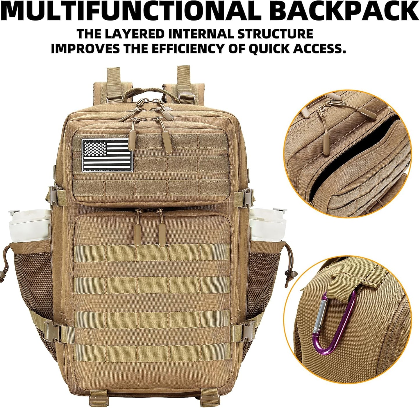 Tactical Assault Backpack - 45L Waterproof Rucksack with Molle | Khaki