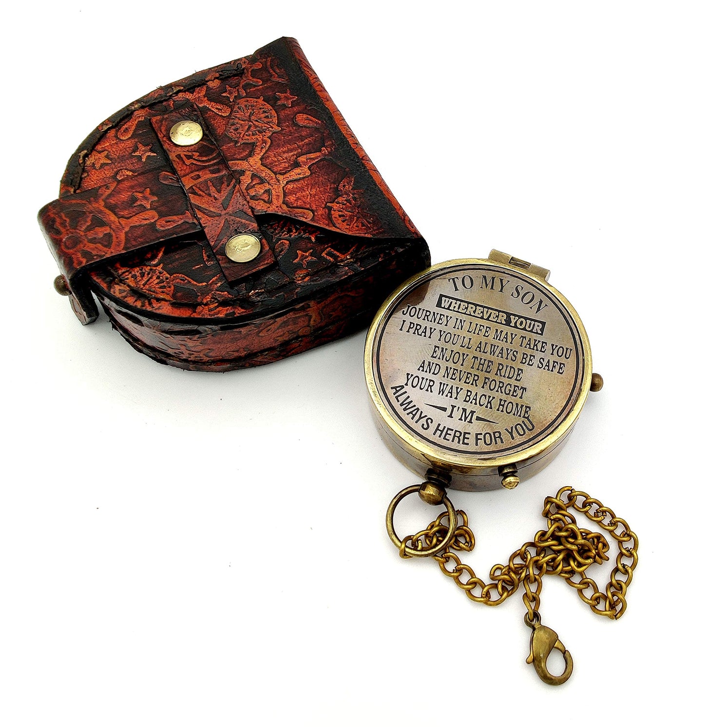 5MoonSun5's Engraved Brass Compass Gift to My Son with Leather Case - Nautical Gift from Dad or Mom, Functional Navigation Compass with Brass Chain