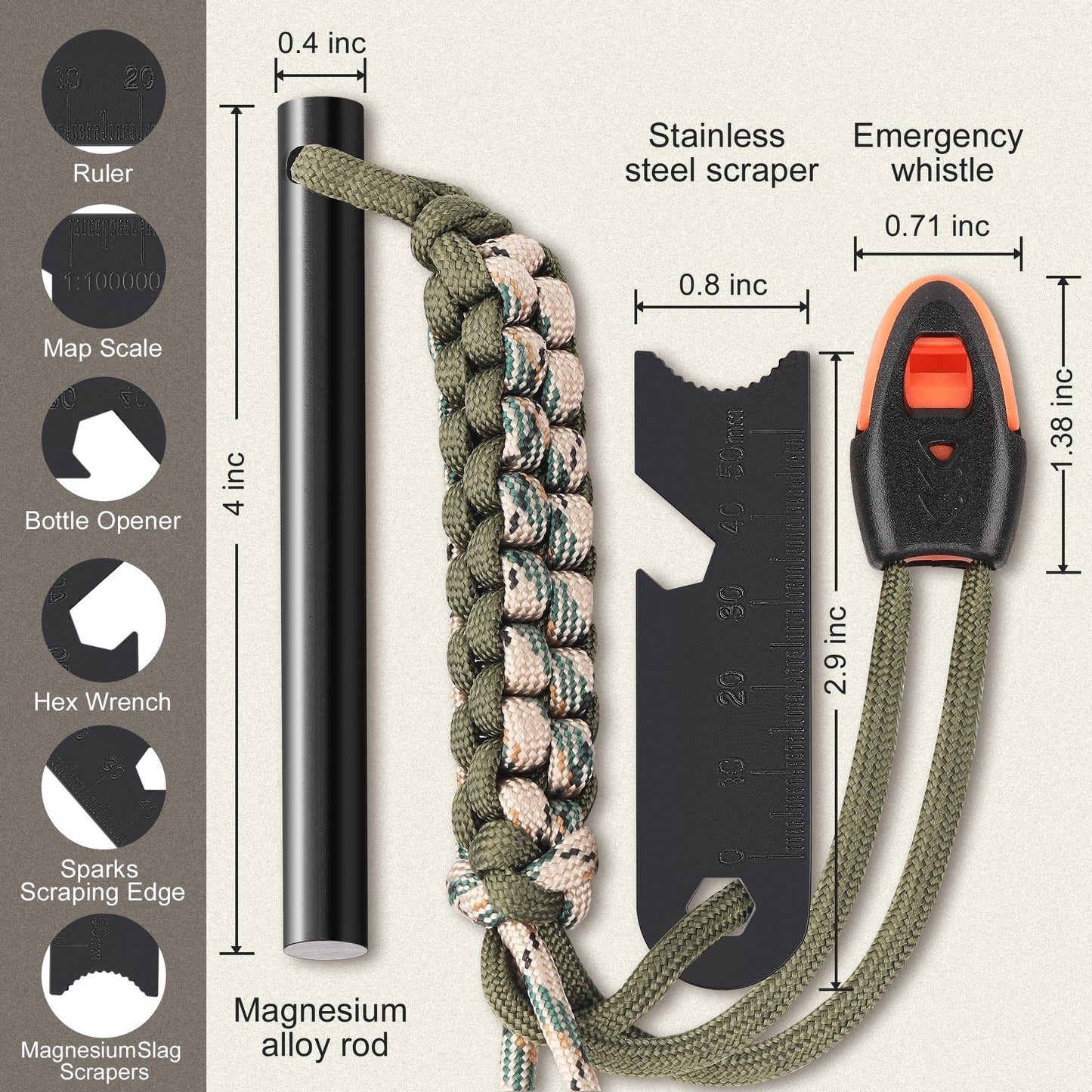 Clwryviduu Survival Fire Starter, 4 Inch Ferro Rod, Flint Fire Starters for Hiking and Camping, Flint and Steel Survival Tool with Paracord and Emerge