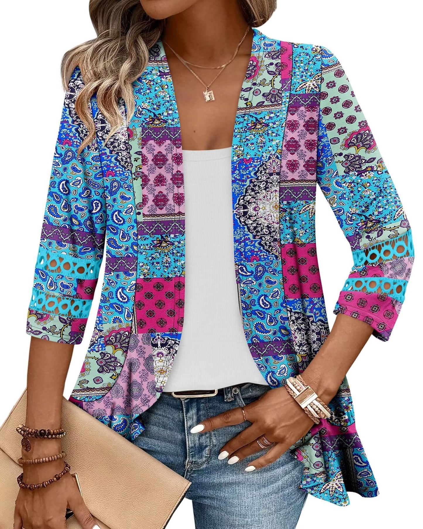 Women's Open Front Cardigan Dressy 3/4 Sleeve Summer Soft Draped Cardigans Blue Print Outwear Large