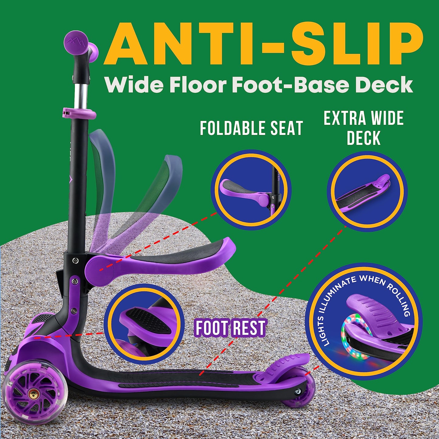 3 Wheel Scooter for Kids with Foldable Seat, Adjustable Handlebar Height, Lean-to-Steer Ride On Toy for Kids Ages 2+, Light-Up LED Wheels, Wide Anti Slip Deck, Indoor & Outdoor Use, Purple