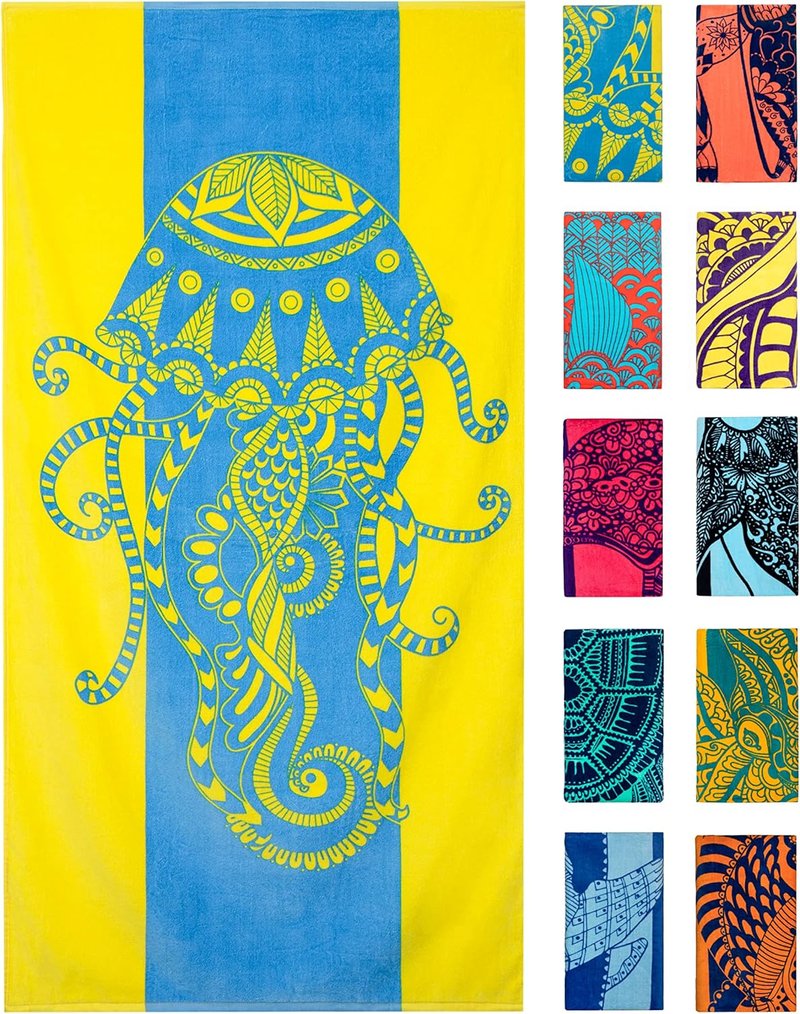 Extra Large Nova Blue Jellyfish Beach Towel - Tropical Blue & Yellow Design | 100% Cotton, 34”x63”
