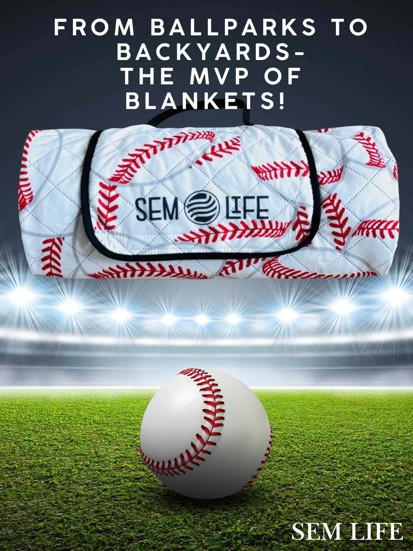 SEM LIFE Baseball Outdoor Stadium Blanket, Picnic Mat, X-Large 80 x 60 Inches, Reversible, Soft Fleece Lined, Baseball Games, Tournaments, Picnics, Gifts