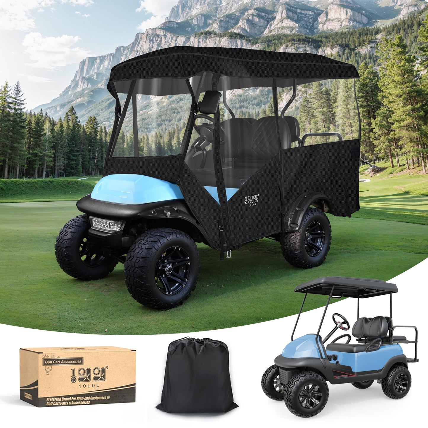 10L0L Golf Cart Enclosure 4 Passenger Universal Rain Cover, 600D Waterproof Driving Enclosure for Club Car EZGO RXV TXT Yamaha, 93.7 Inch Roof (93-3/4")