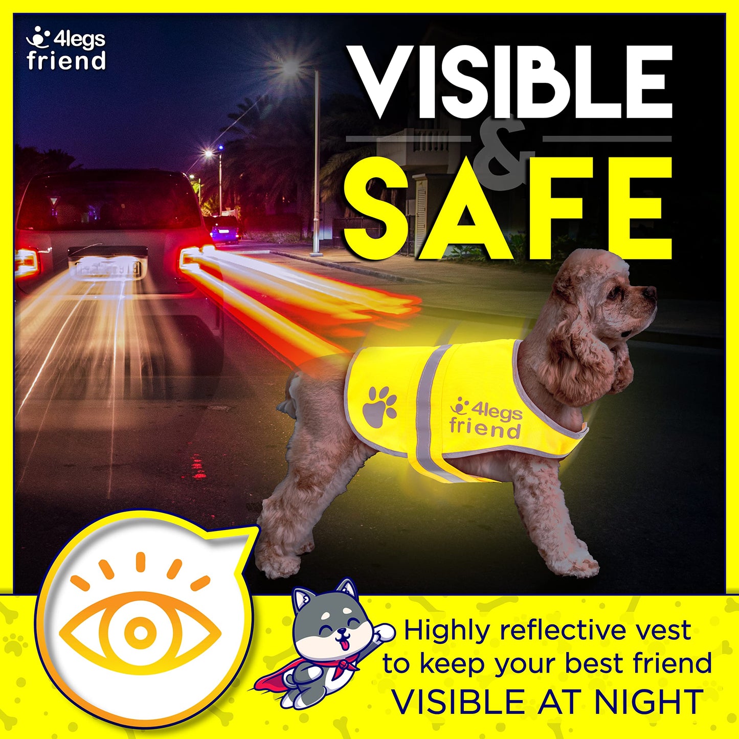 4LegsFriend Safety Reflective Vest for Dogs - High Visibility for Outdoor Activity Day and Night, Protect Your Pet from Cars & Hunting Accidents