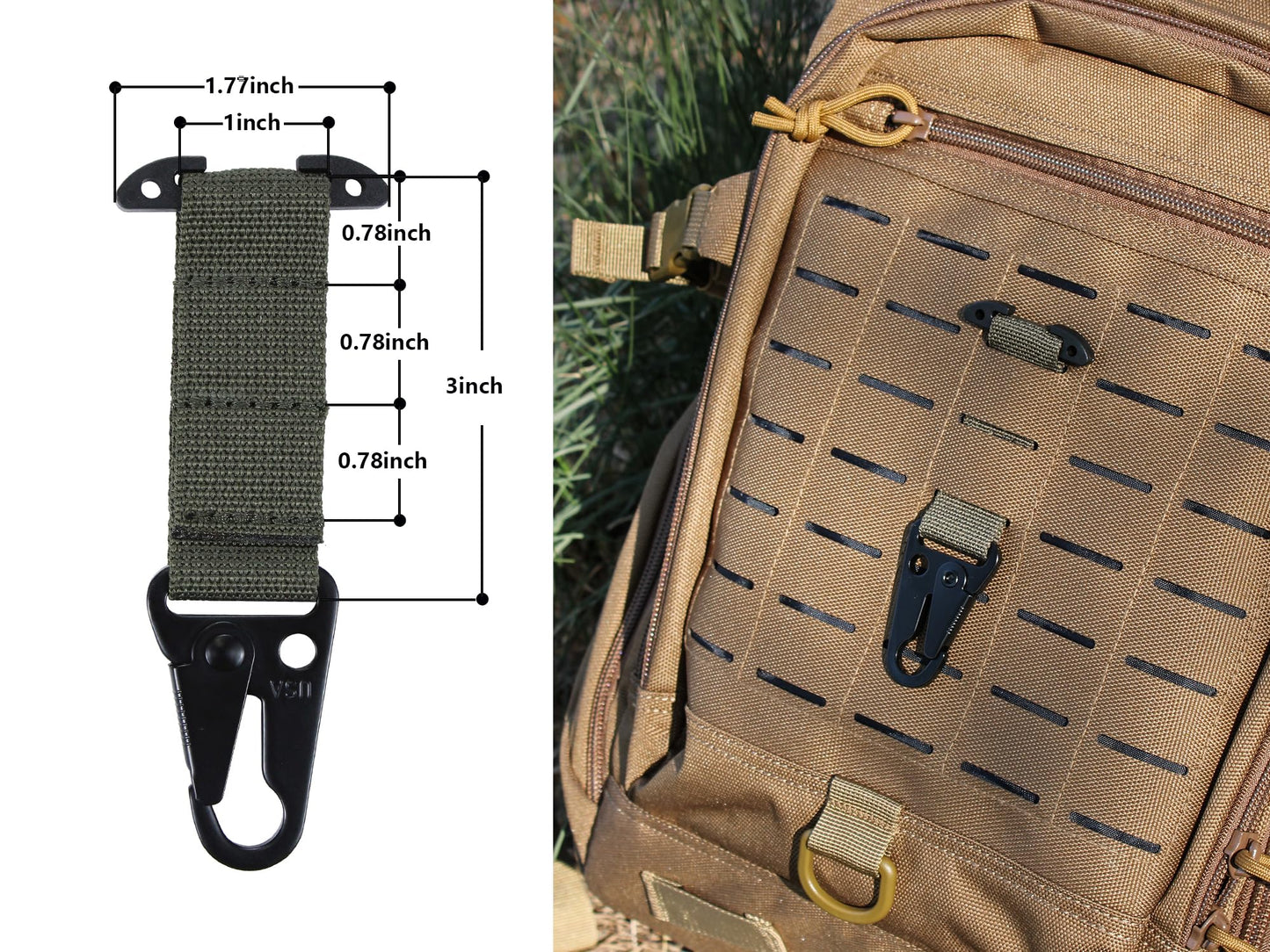 Tactical Gear Clip Clash Hook Hanging Carabiner T-Mount MOLLE Webbing Battle Belt Clip Metal Key Holder Vest Accessories (Ranger Green Clash Hook(1pack))