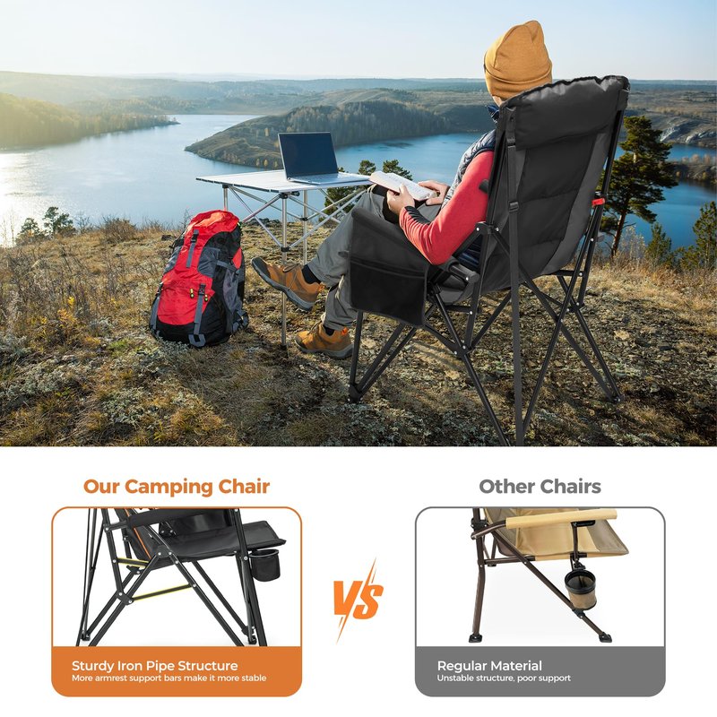 ALPHA CAMP Heavy Duty High Back Camping Chairs 500LBS Capacity Oversized Folding Chair Outdoor Chair with Headrest,Lawn with Side Pocket for Lawn, Sports and Fishing, Black,1PC