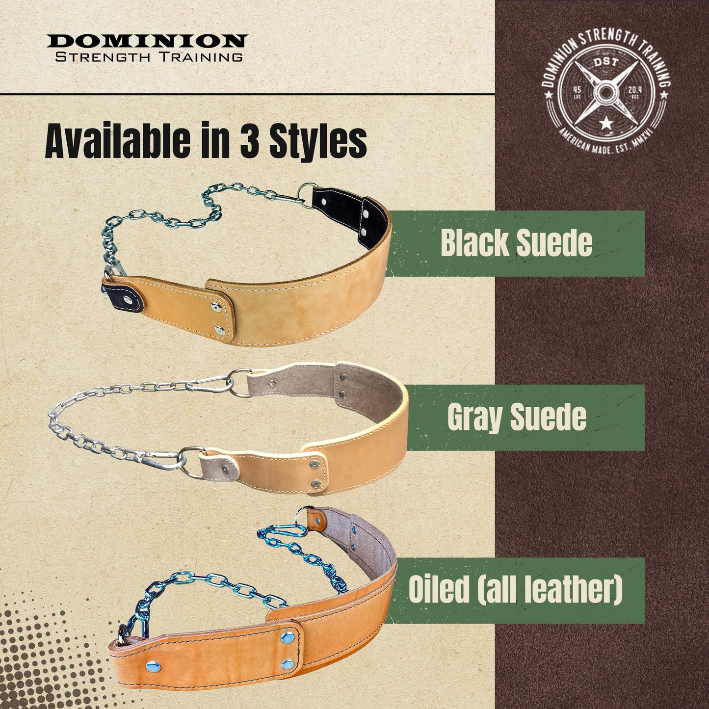 Dominion Strength Training Oiled Leather Heavy-Duty Leather Dip Belt with Steel Chain - Ultimate Accessory for Weighted Pullups, Dips, and Progressive Overload (Oiled Leather)