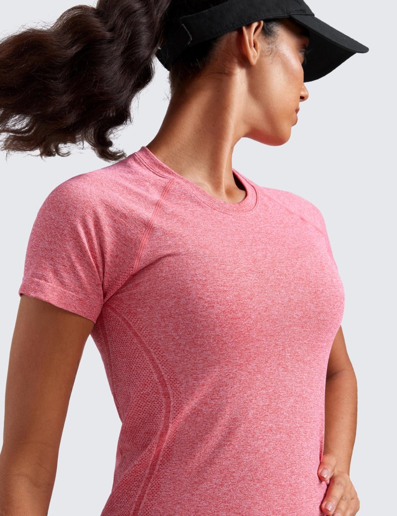 CRZ YOGA Seamless Workout Tops for Women Waist Length - Running Gym Athletic Yoga Short Sleeve Shirts Breathable Crewneck Deep Red Heather Small