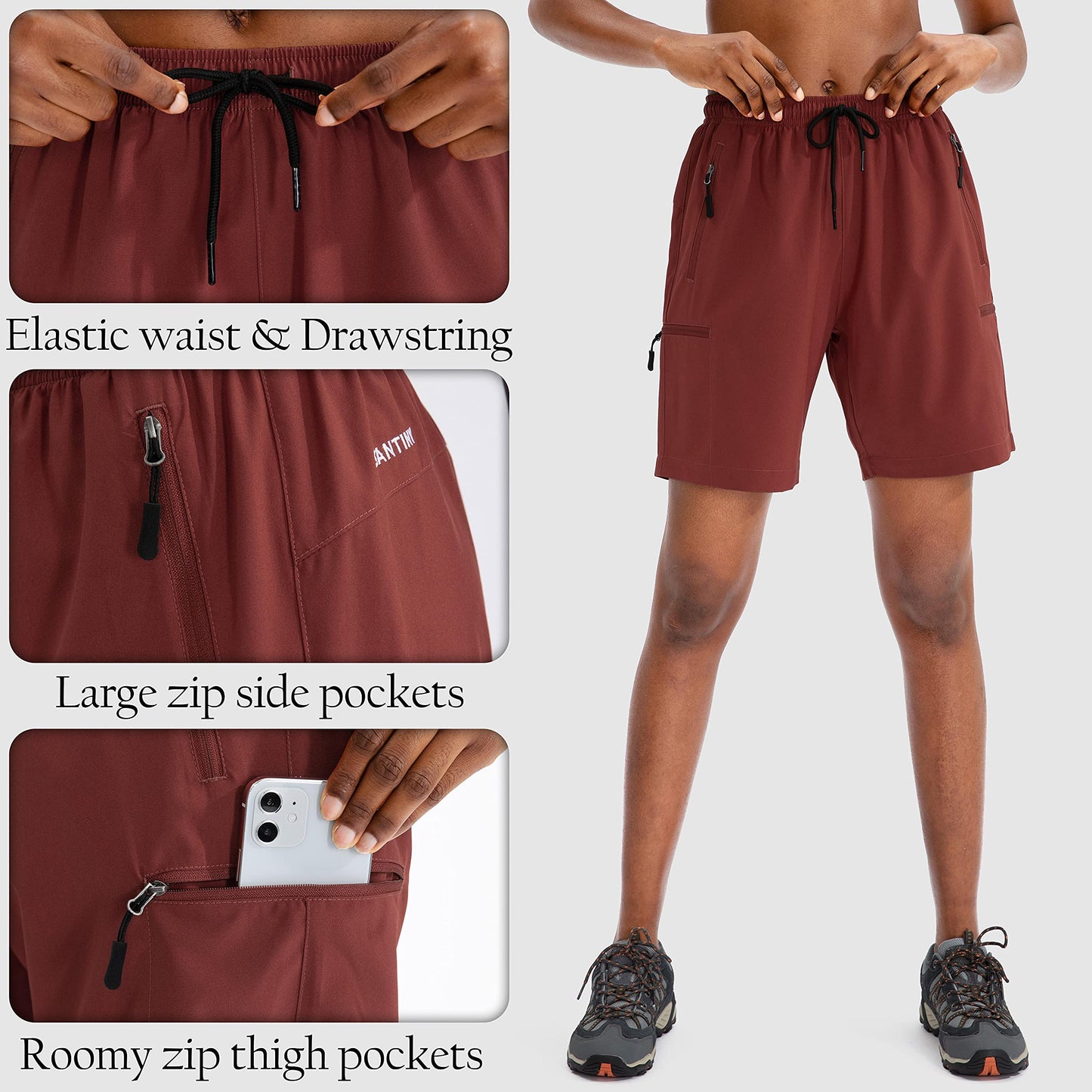 SANTINY Women's 5''/ 7''/9'' Hiking Cargo Shorts Quick Dry Lightweight Summer Shorts for Women Athletic Golf Zipper Pockets(Maroon_M)