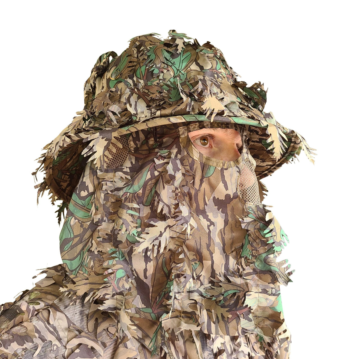 QuikCamo Men’s Mossy Oak Greenleaf 3D Leafy Camo Bucket Hat with Built-In Face Mask for Turkey Hunting - Adjustable Size