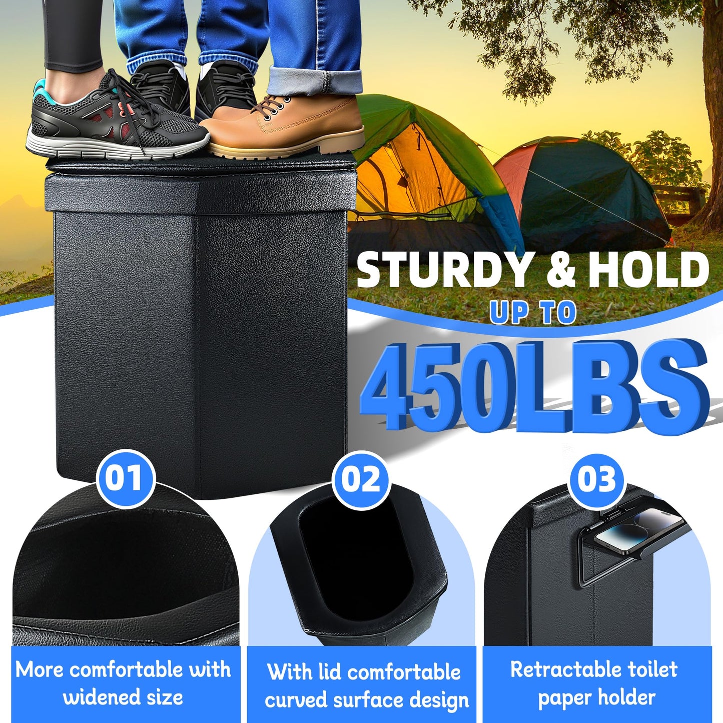 LanAqua Portable Toilet for Adults, Upgraded 16.5'' Tall Camping Toilet with Lid, Portable Travel Folding Toilet with Carry Bag and Paper Holder, Extra Large Compact Potty for Car, Truck, RV, Tent