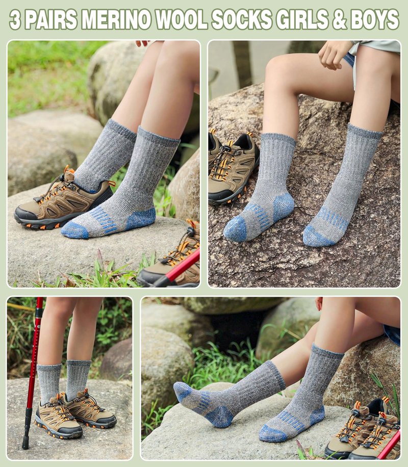 LANLEO Kids Merino Wool Hiking Socks Boys Girls Winter Thermal Warm Thick Cozy Cushion Boot Crew Socks 3 Pairs Hiking Socks Blue,4-7 Year Old