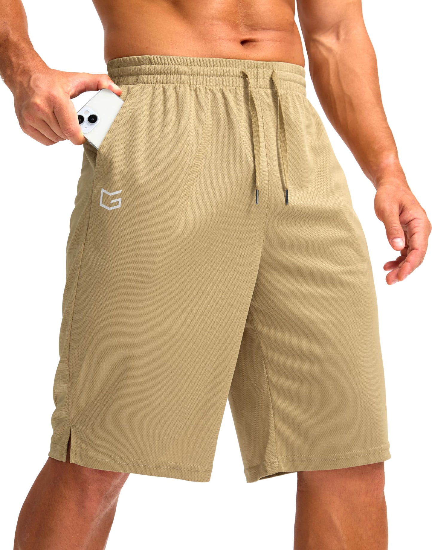 G Gradual Men's Athletic Shorts with Pockets 9" / 11" Long Basketball Shorts Lightweight Quick Dry Gym Workout Shorts for Men(Khaki,M)